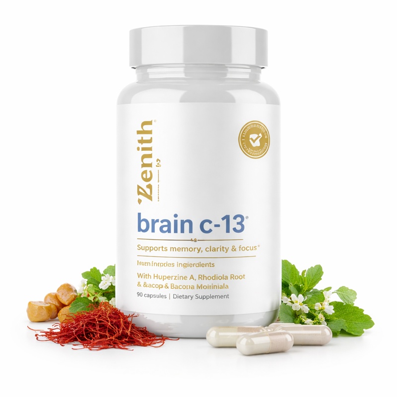 Brain C-13 review brain health supplement bottle by Zenith Labs for memory focus and cognitive support