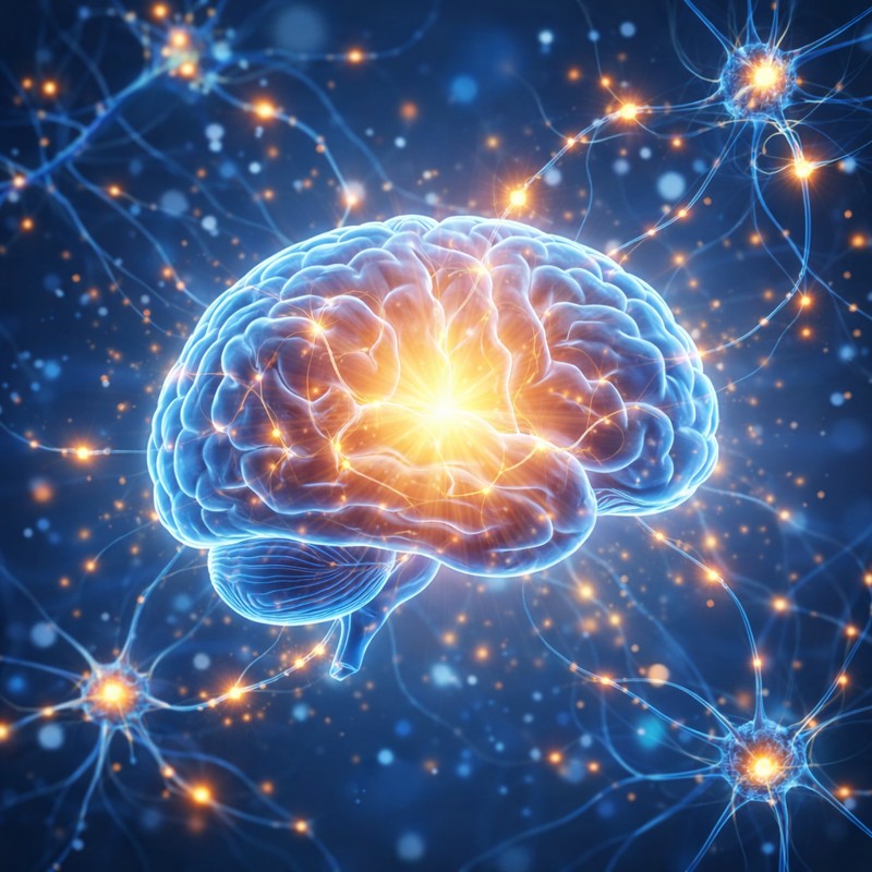 Brain C-13 review illustration of glowing brain neurons showing improved cognitive function memory and focus support