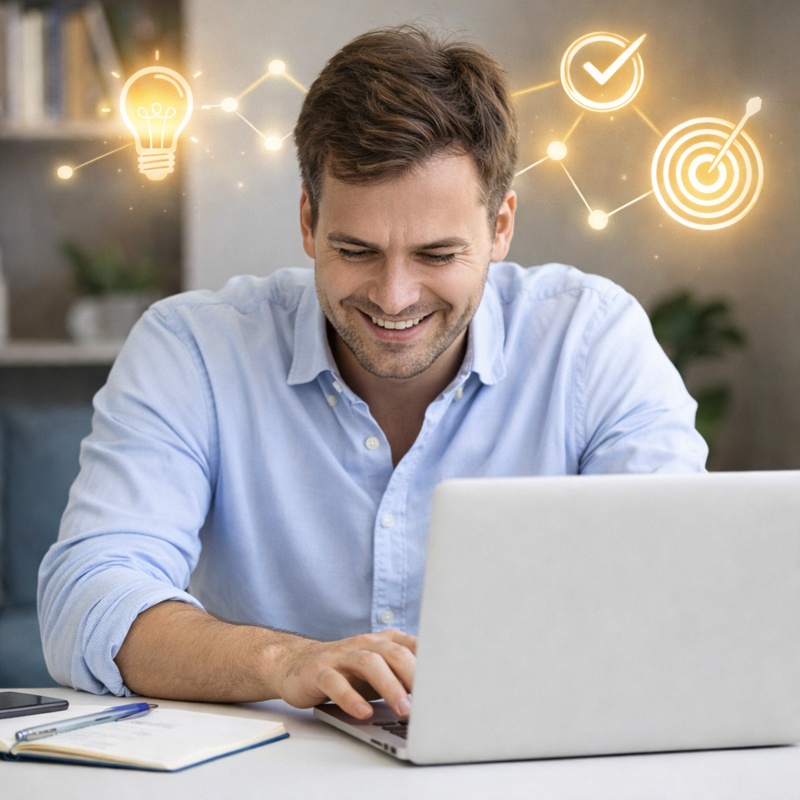 Brain C-13 review showing improved focus and productivity while working on laptop after using brain health supplement