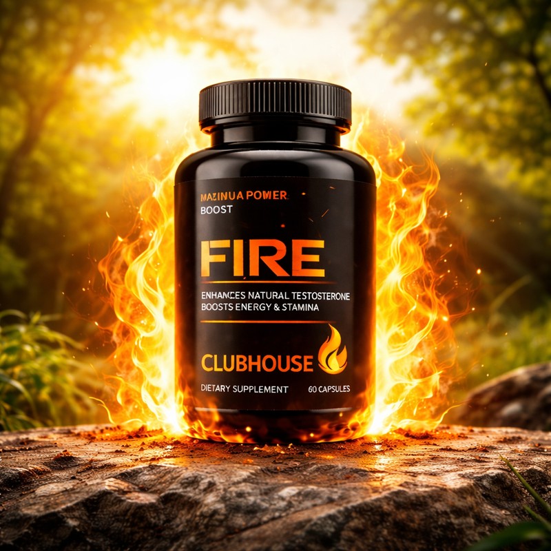Clubhouse review premium male vitality supplement bottle with fire energy effect