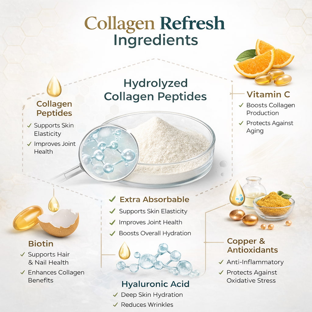 Collagen Refresh ingredients infographic showing vitamin C hyaluronic acid collagen peptides benefits for skin hydration anti aging and joint health