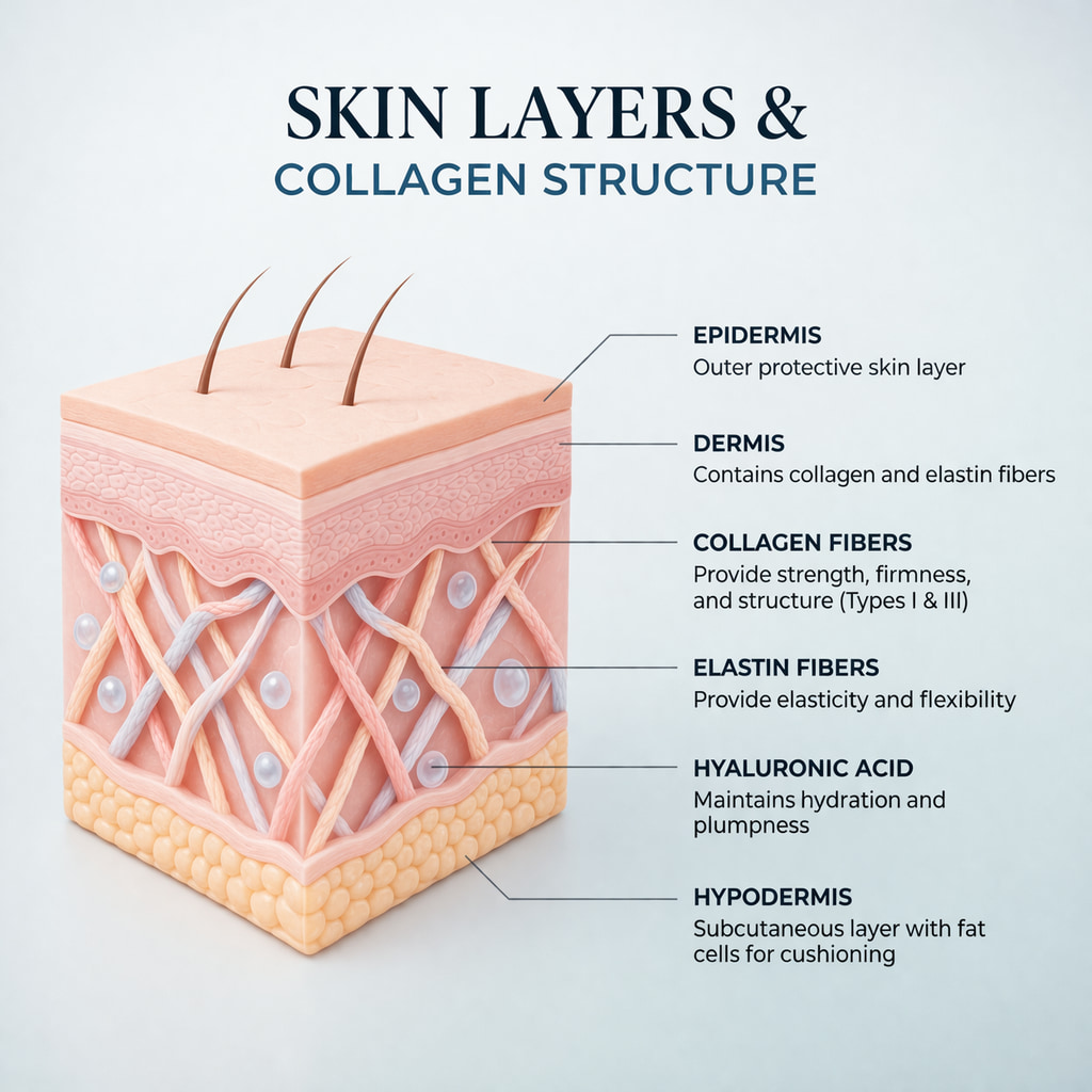 skin layers collagen structure diagram showing epidermis dermis collagen fibers elasticity anti aging collagen refresh review infographic