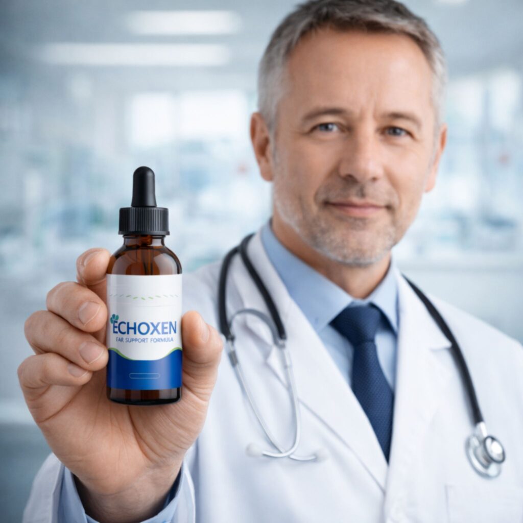 Echoxen review doctor holding natural hearing support supplement bottle for tinnitus and ear health support