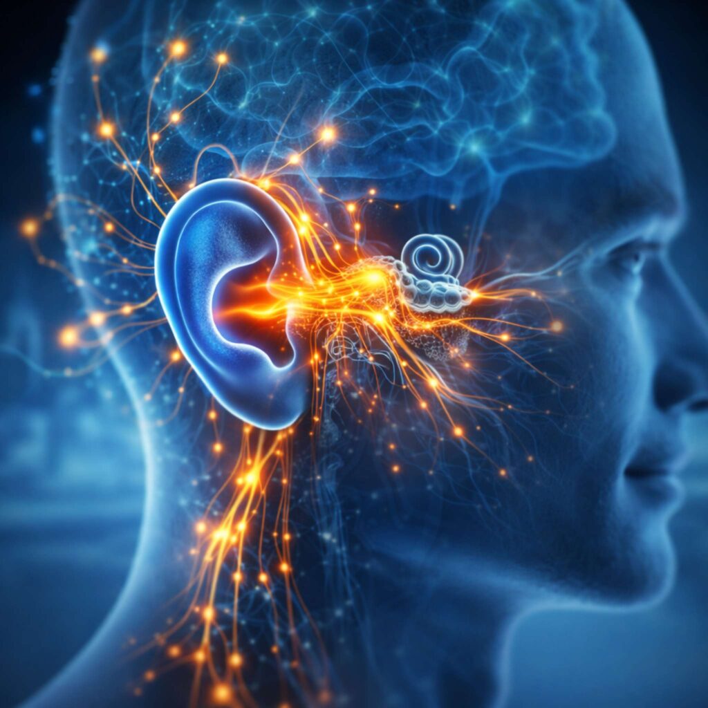 Echoxen review illustration showing human ear anatomy and improved auditory nerve communication for better hearing health