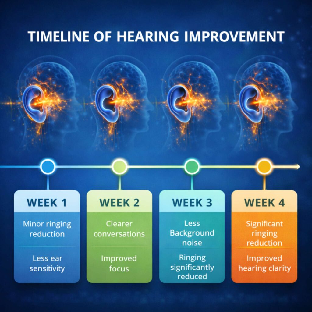 Echoxen review timeline infographic showing hearing improvement from week 1 to week 4 after using natural hearing support supplement