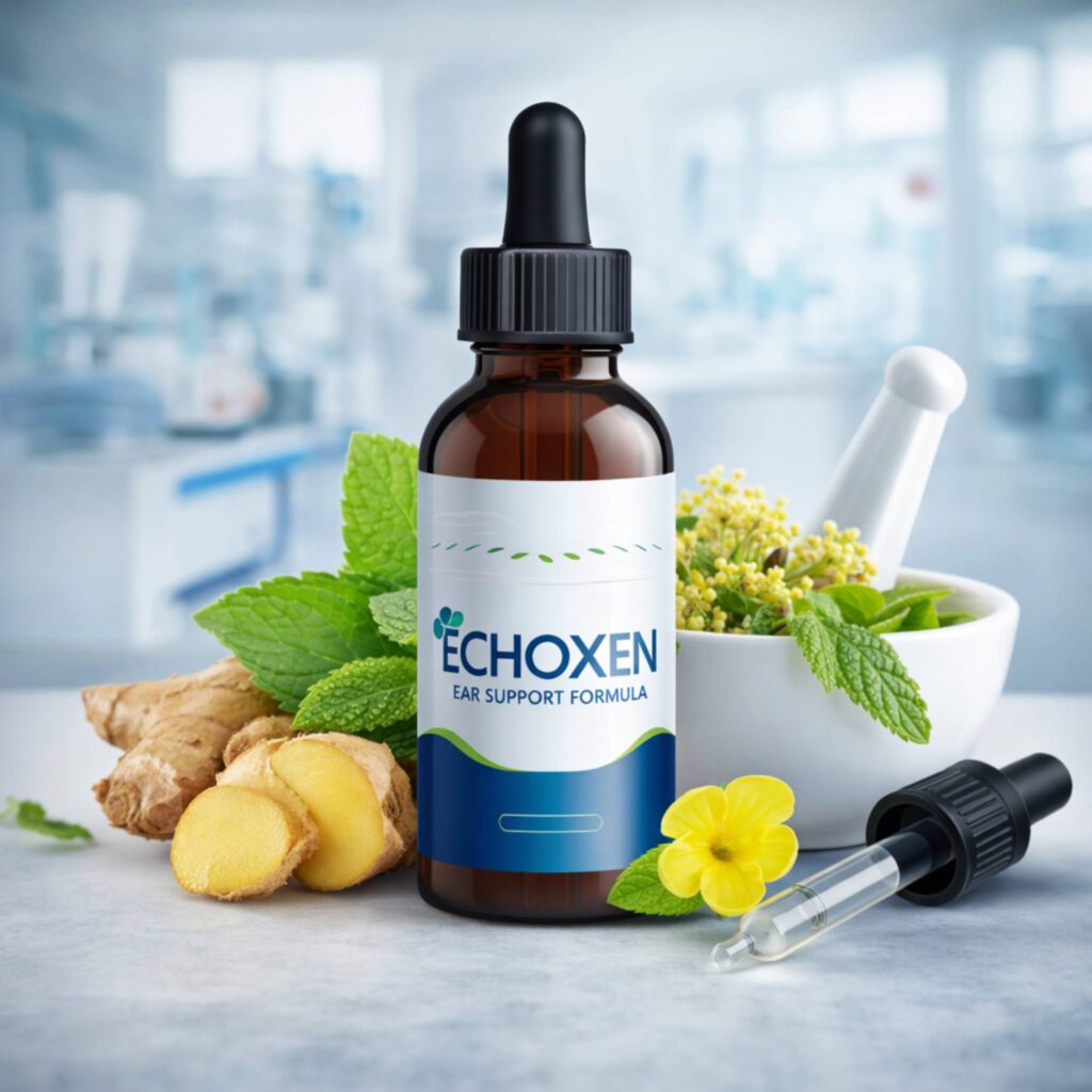 Echoxen review natural hearing supplement bottle with dropper and herbal ingredients for tinnitus and ear health support