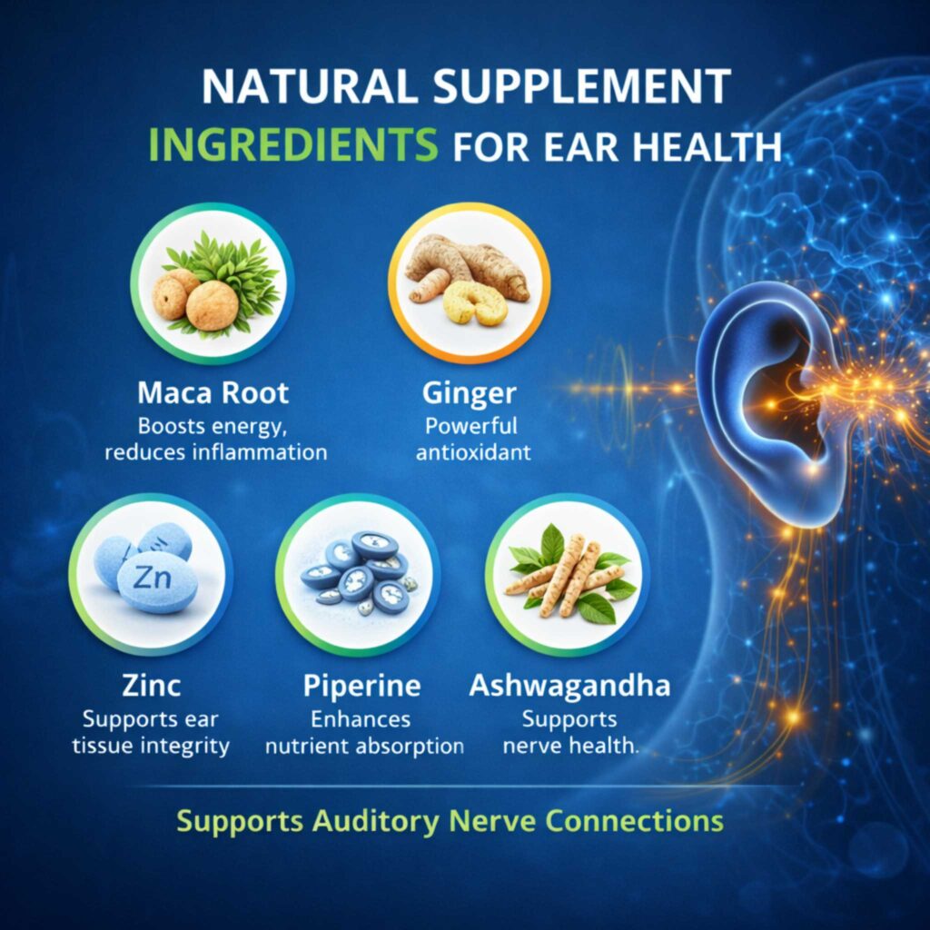 Echoxen review infographic showing natural ingredients like maca root, ginger, zinc and ashwagandha for hearing health support
