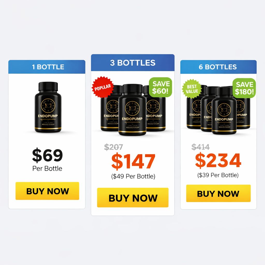 EndoPump pricing packages showing 1 bottle 3 bottle and 6 bottle deals with discount offer and money back guarantee