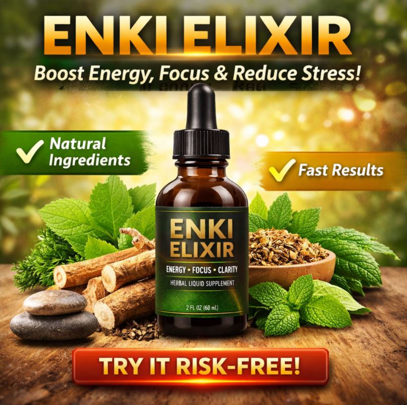 Enki Elixir review natural herbal supplement for energy focus and stress relief premium liquid formula bottle