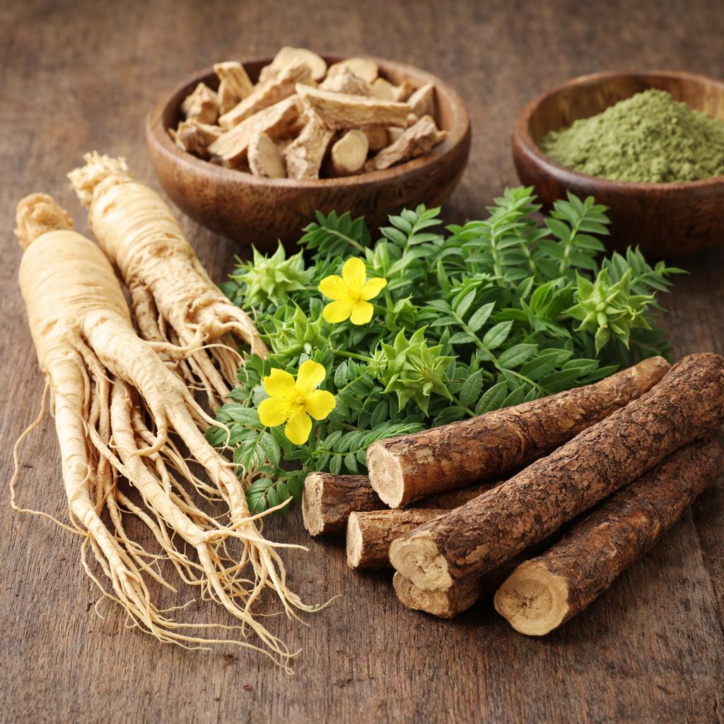 Natural herbal ingredients in ErecPrime review including ginseng, tongkat ali, and tribulus for testosterone and male performance support