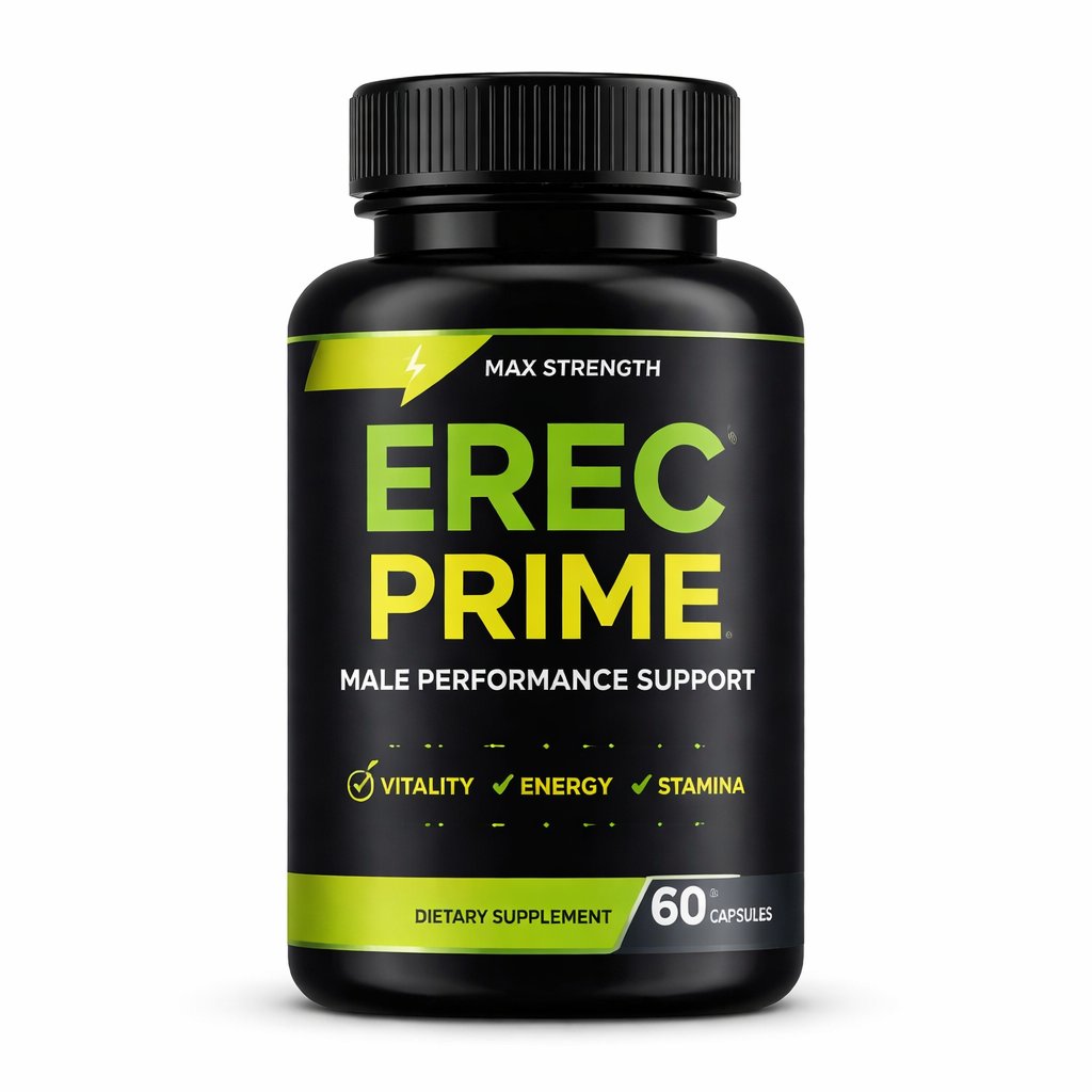 ErecPrime review supplement bottle for natural male enhancement and testosterone support