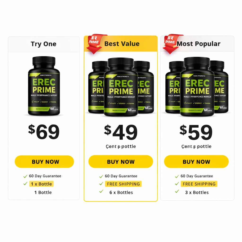 ErecPrime review pricing table showing 1 bottle, 3 bottle and 6 bottle bundle options with official discount