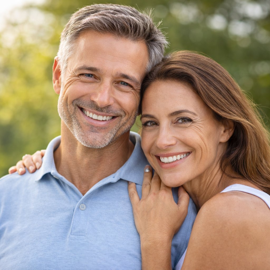 Happy mature couple smiling after using ErecPrime review supplement for natural male performance and relationship confidence