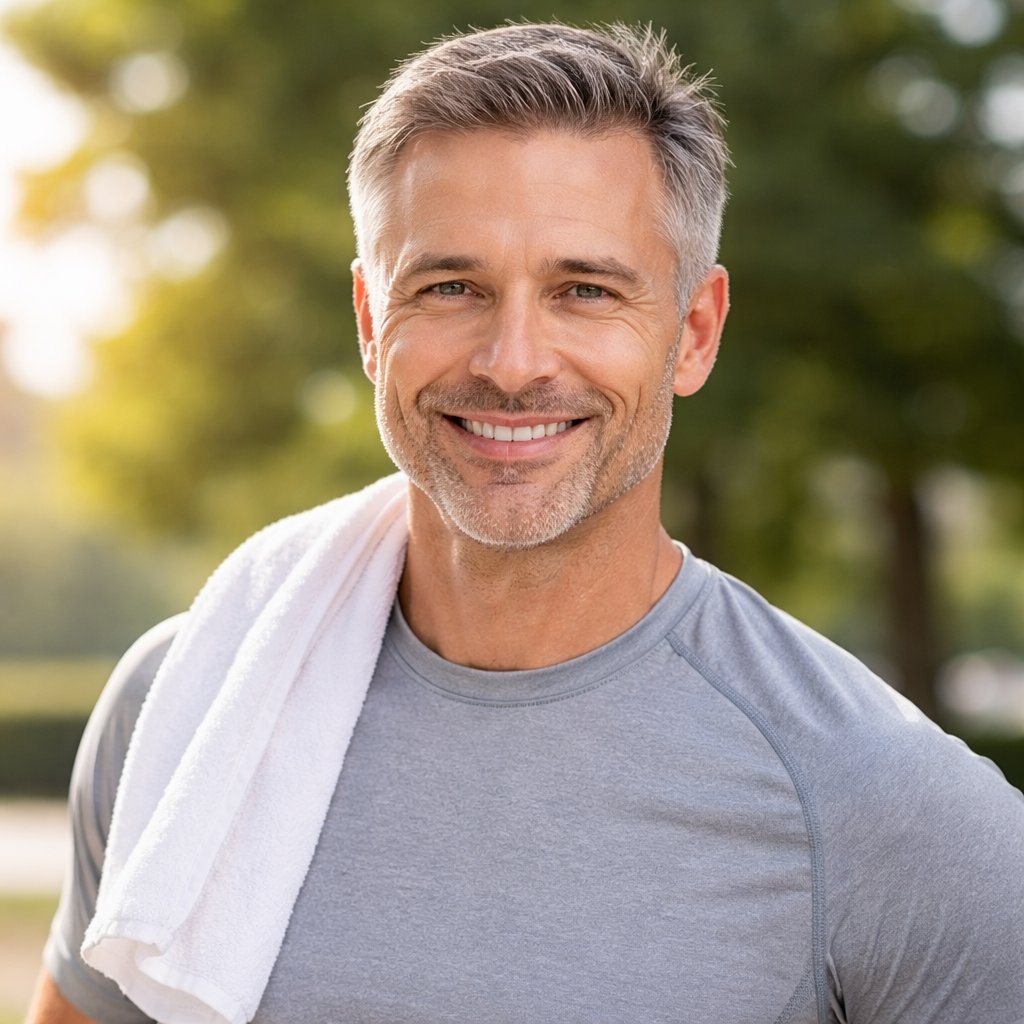 Confident middle-aged man after using ErecPrime review supplement for natural stamina and testosterone support