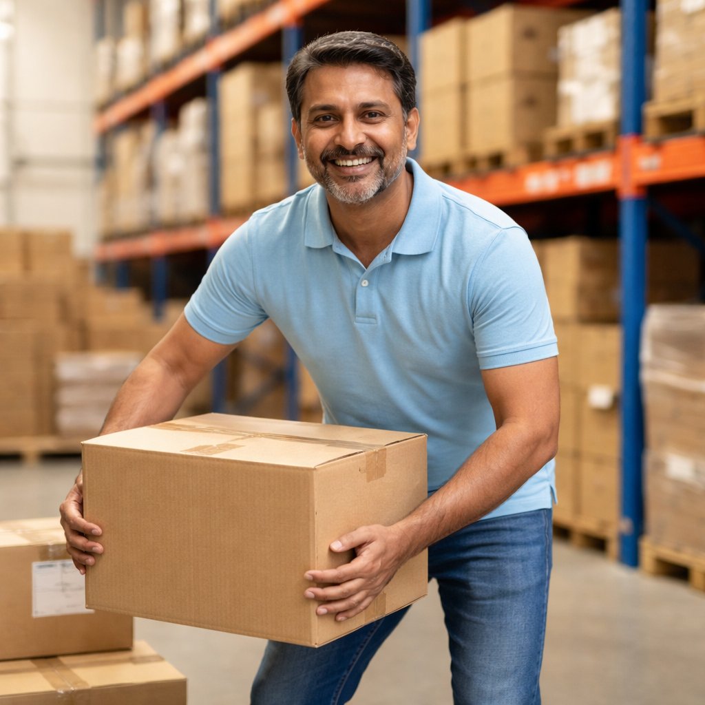 Flexafen review showing man lifting boxes easily without joint pain after using Flexafen supplement for mobility support