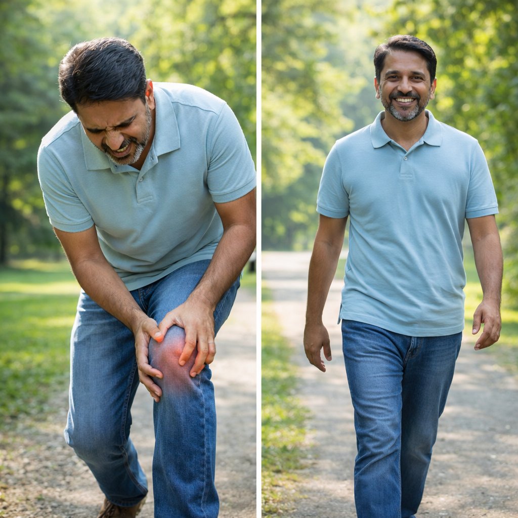 Flexafen review before and after showing man with knee pain vs pain free walking after using Flexafen joint supplement