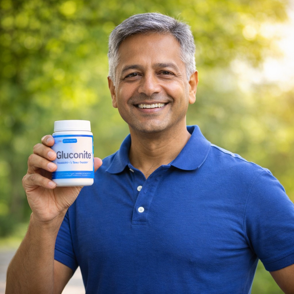 Gluconite review happy customer holding supplement bottle showing real results and improved energy