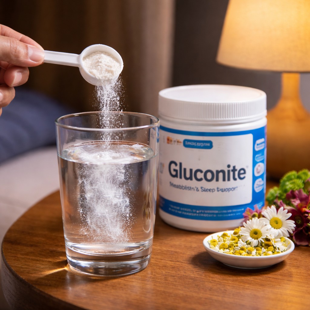 Gluconite review supplement powder being mixed into water at night for blood sugar and sleep support