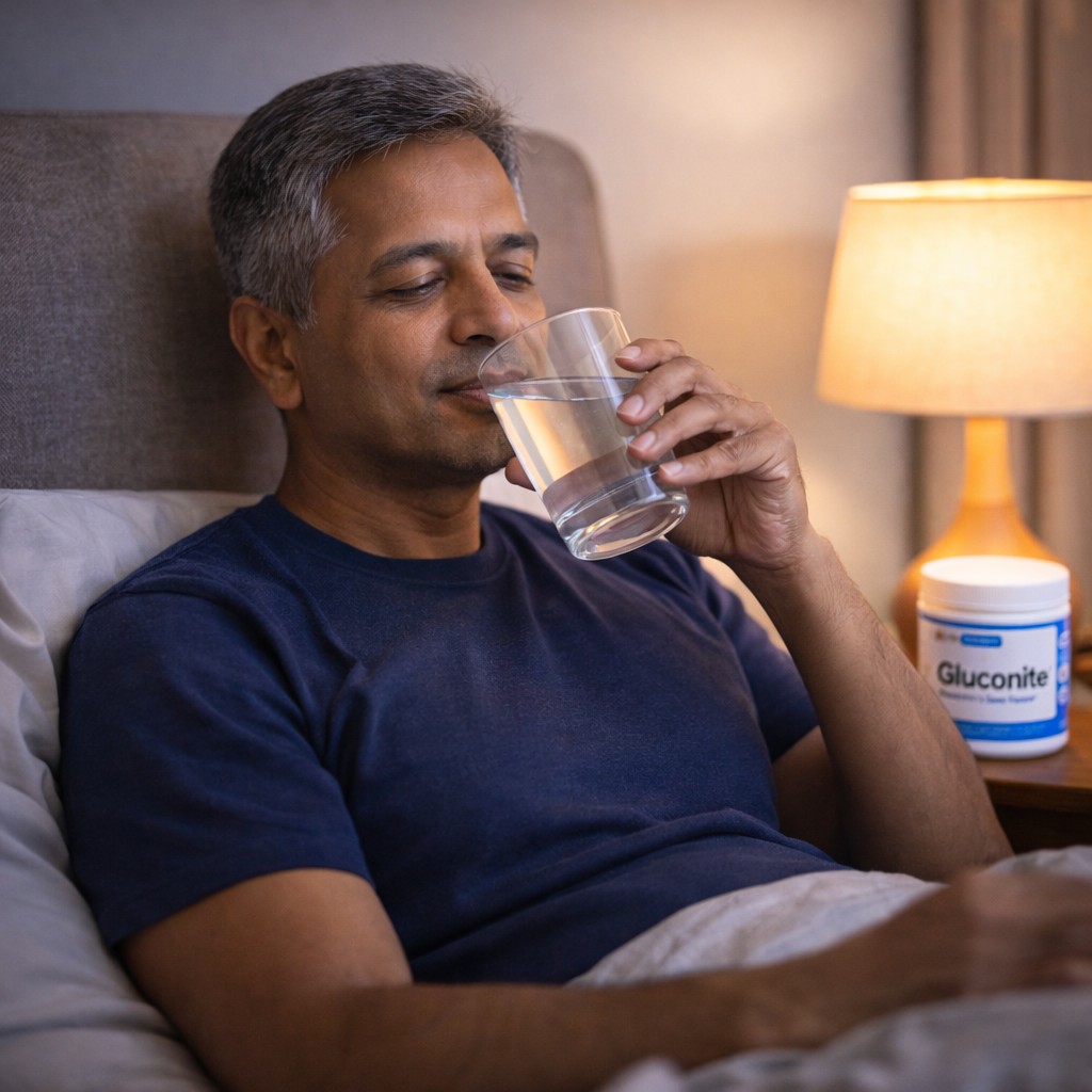 Gluconite review user drinking nighttime supplement before bed for blood sugar balance and improved sleep
