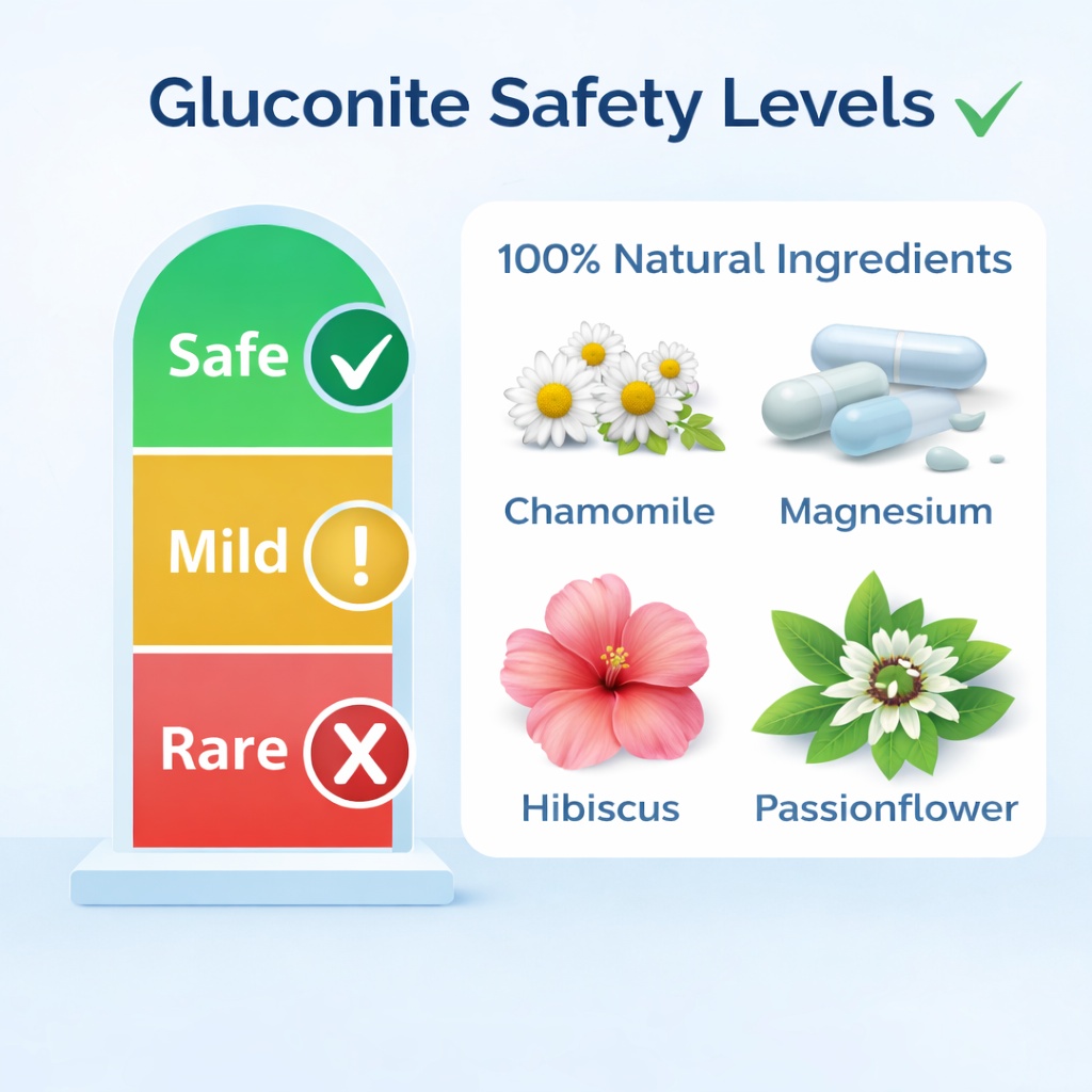Gluconite review safety infographic showing natural ingredients and low risk side effects chart