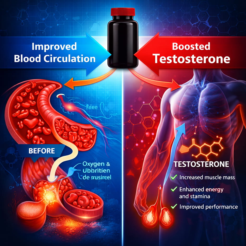 Goliath XL 10 review infographic showing improved blood circulation and testosterone boost for male performance
