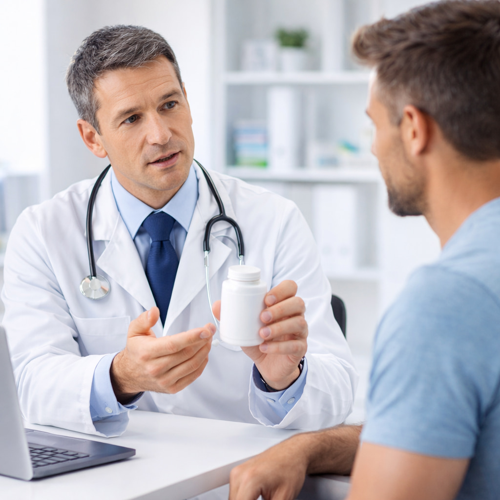doctor advising patient about Goliath XL 10 supplement safety side effects and male health consultation