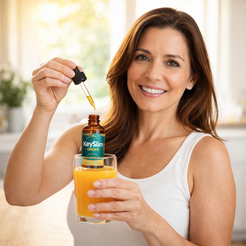 KEYSLIM DROPS review showing how to use the liquid drops daily with juice for metabolism and weight support