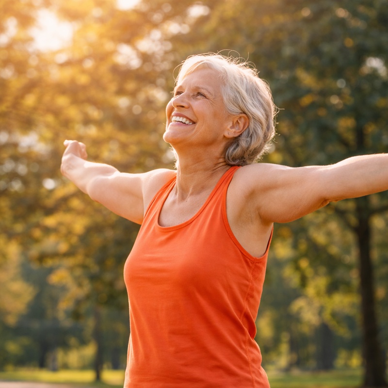 Happy senior woman stretching arms pain free after improving mobility with natural joint supplement – Joint Glide review