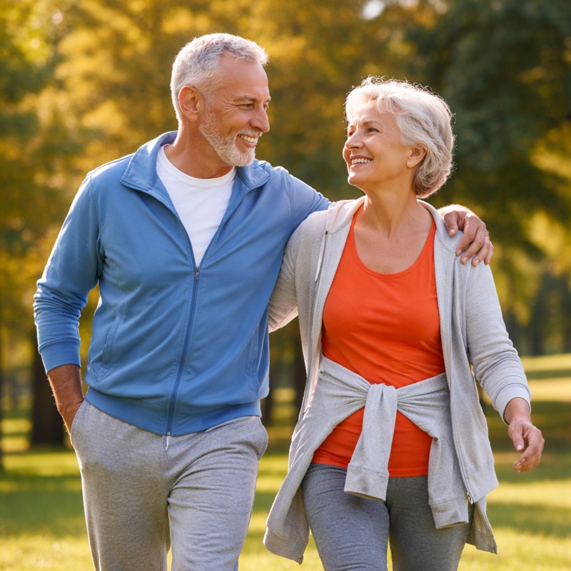 Healthy senior couple walking in park showing joint pain relief after using joint supplement – Joint Glide review