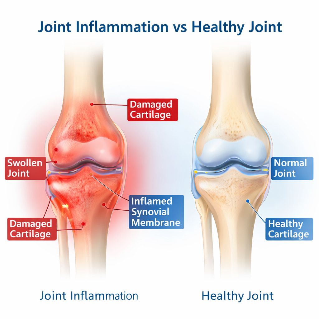 joint inflammation vs healthy joint comparison diagram showing cartilage damage and pain relief concept Insta Soothe review