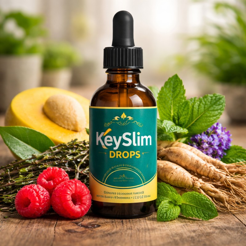 KEYSLIM DROPS review supplement bottle with natural ingredients like herbs berries and green tea extract for metabolism support