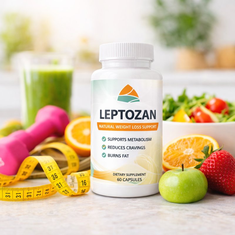 Leptozan review healthy lifestyle weight loss supplement with fruits measuring tape and fitness items