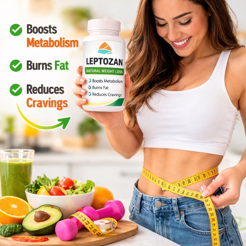 Leptozan review woman measuring waist with tape after weight loss holding supplement bottle