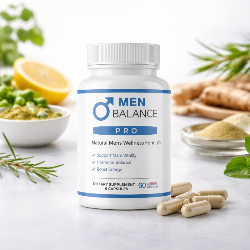 Men Balance Pro review capsules and supplement bottle – natural male vitality support formula for energy stamina and hormone balance