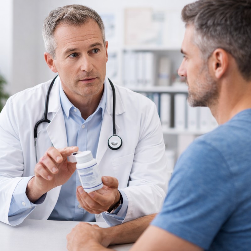 Doctor discussing supplement safety with male patient – Men Balance Pro review side effects and safety information