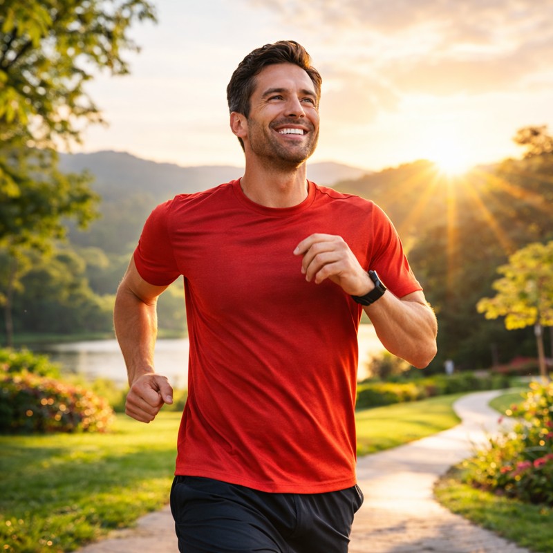 Energetic middle aged man jogging outdoors showing improved stamina and energy – Men Balance Pro review natural male vitality supplement