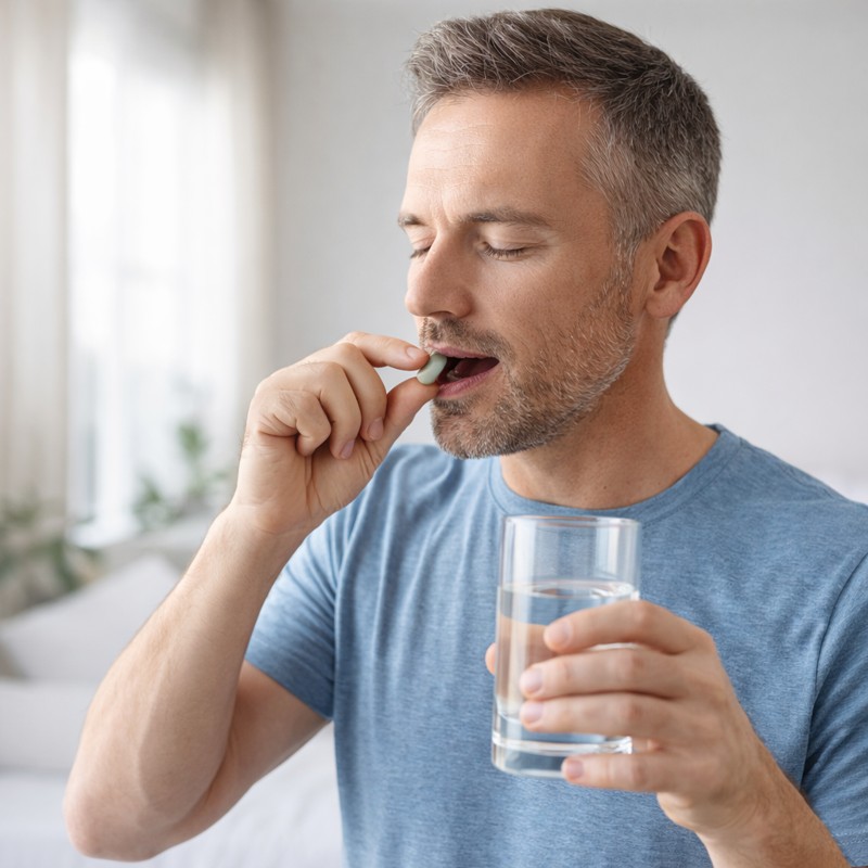 Man taking Men Balance Pro supplement capsule with water during morning routine – Men Balance Pro review natural male vitality support