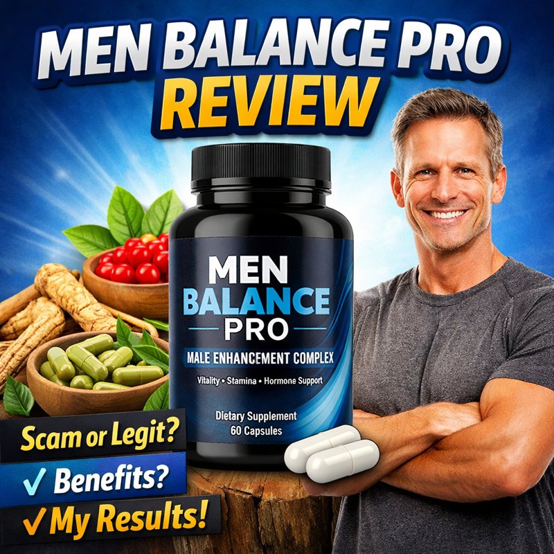 Men Balance Pro review supplement bottle with ingredients and healthy man showing results – natural male vitality support formula