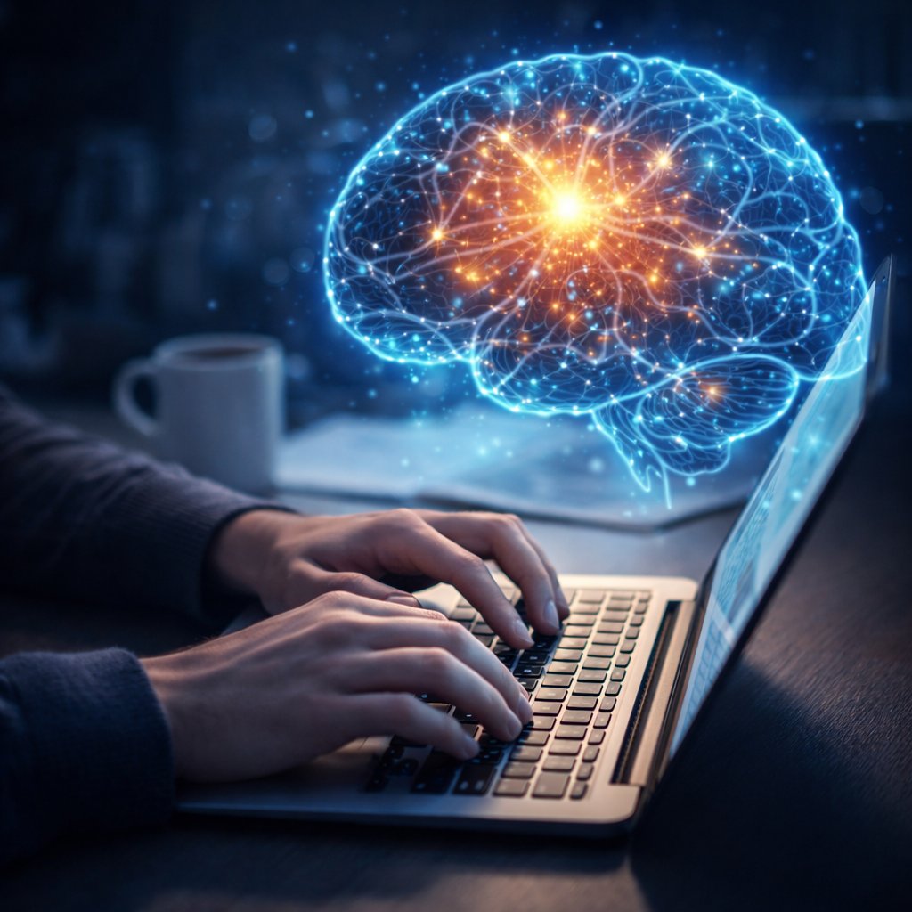 MindQuell review brain supplement concept showing improved focus and productivity while working on a laptop