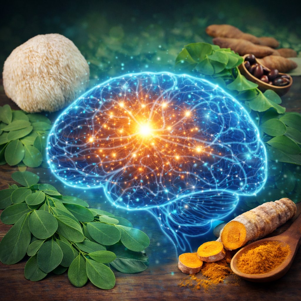 MindQuell review healthy brain concept with glowing neurons and natural herbs representing cognitive health support