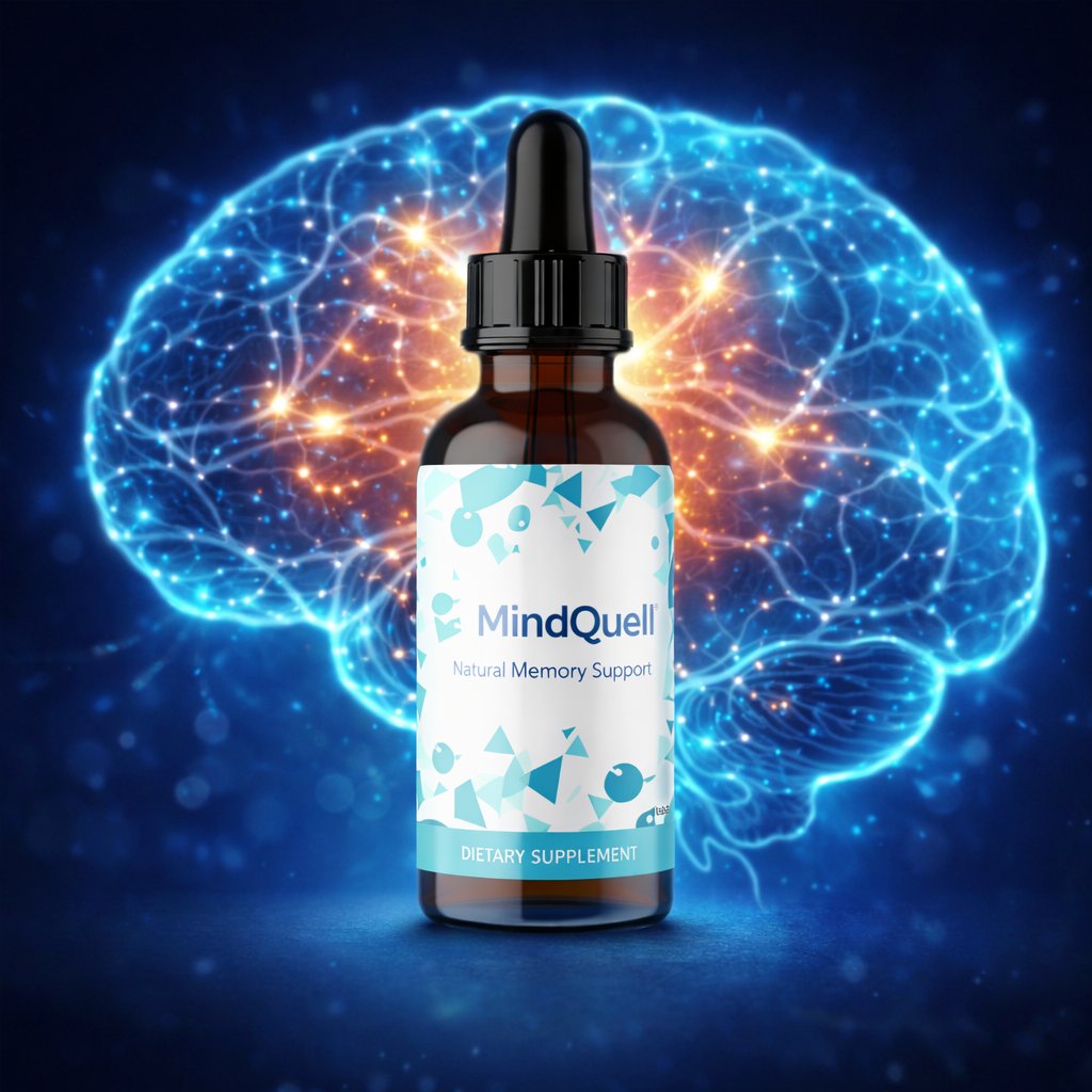 MindQuell review memory support supplement bottle with glowing brain concept for improved focus and cognitive performance
