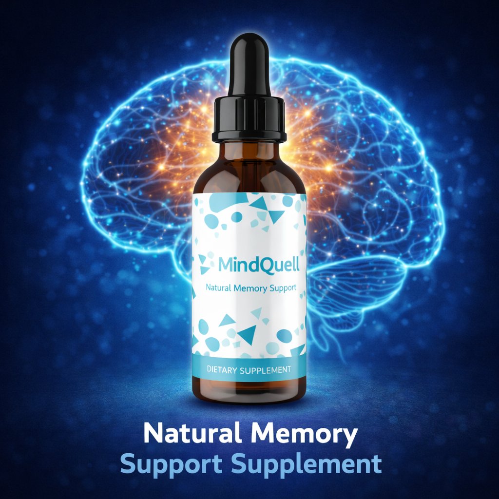 MindQuell review natural memory support supplement bottle with glowing brain icon for cognitive health