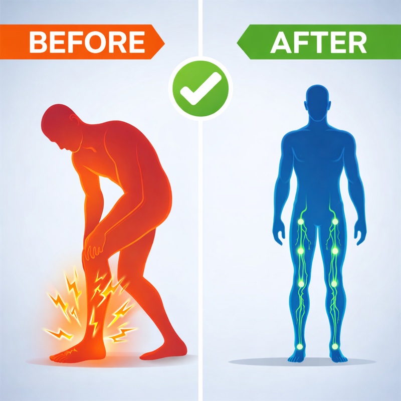 Before and after illustration showing nerve pain relief improvement – Nerve soothe review neuropathy support supplement