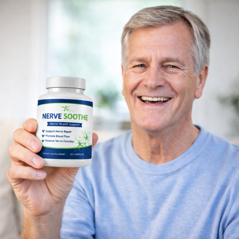 Happy senior customer holding Nerve Soothe supplement bottle – Nerve soothe review natural nerve support results