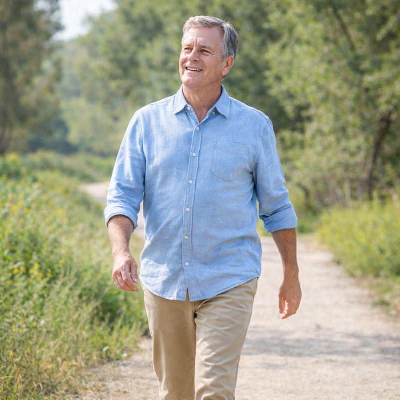 Middle aged person walking comfortably outdoors after nerve pain relief – Nerve soothe review natural nerve support