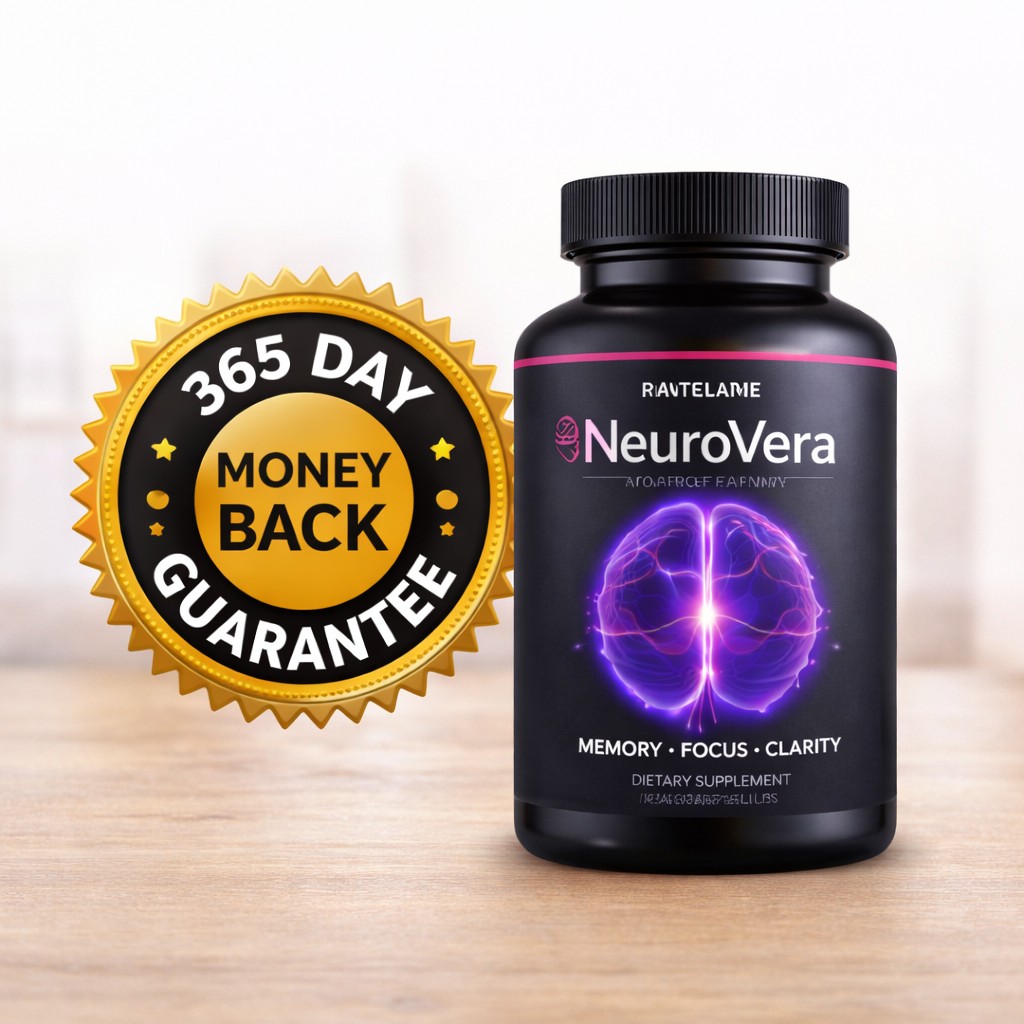 NeuroVera review supplement bottle with 365 day money back guarantee badge for risk free purchase