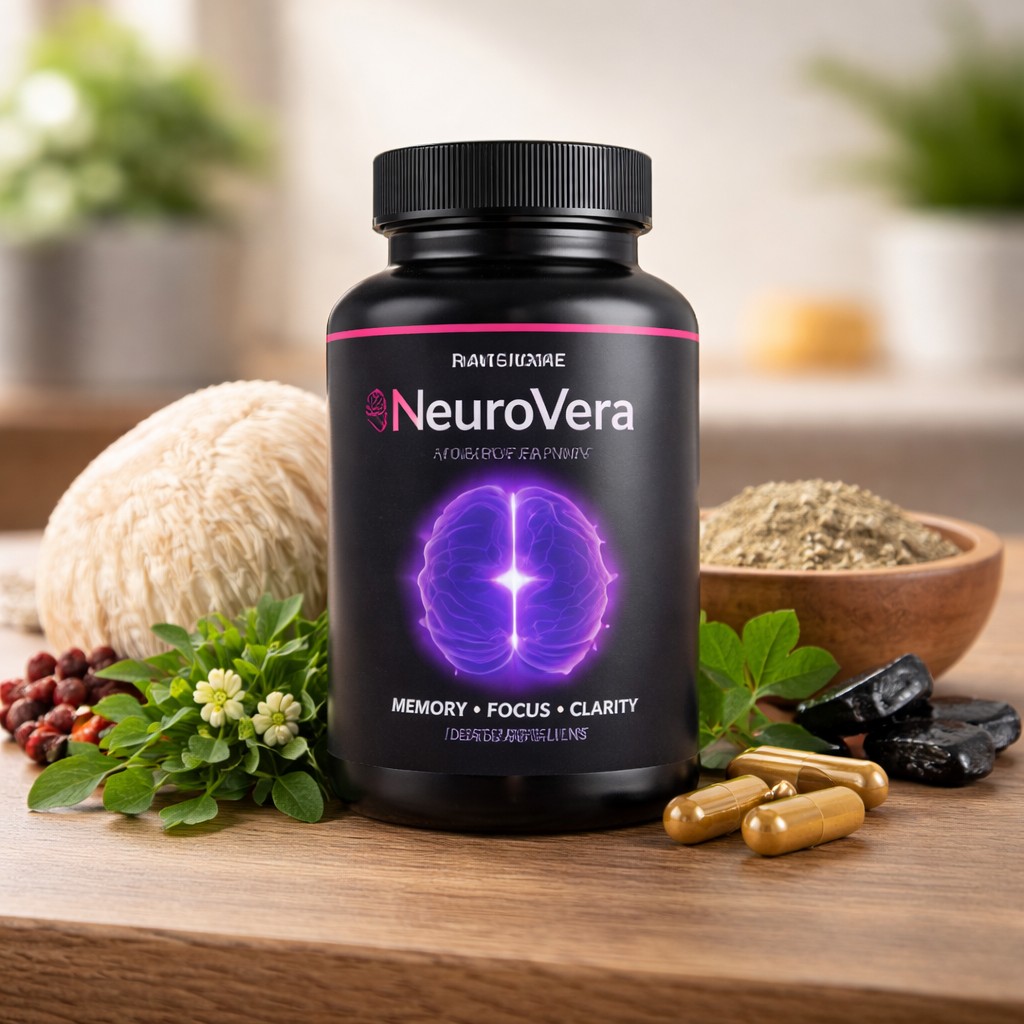 NeuroVera brain supplement bottle with natural ingredients like lion’s mane mushroom and bacopa for memory and focus support