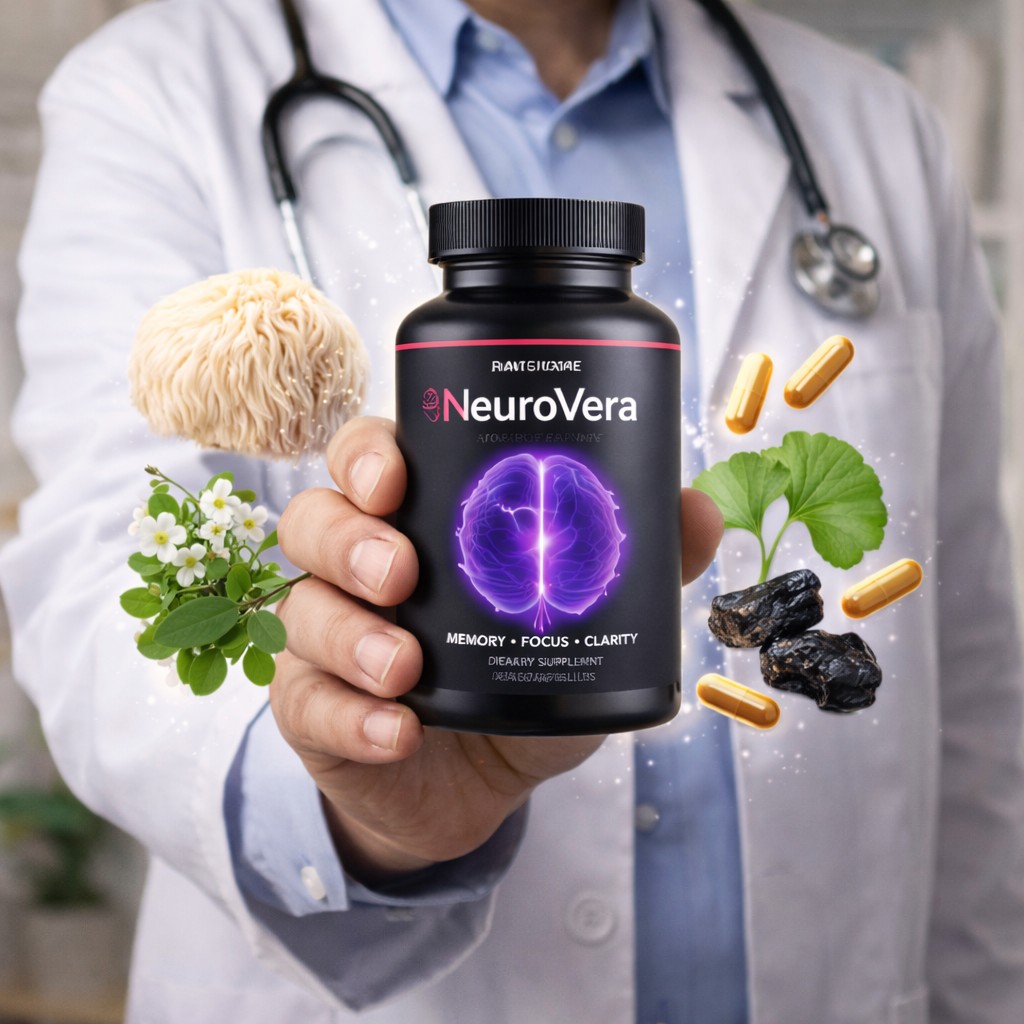 NeuroVera review doctor holding natural brain supplement with herbs showing safe memory and focus support