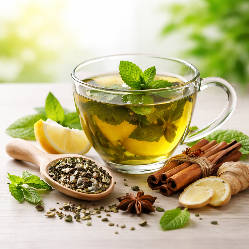 Nicoya PuraTea review herbal weight loss tea in glass cup with natural ingredients for fat burning and metabolism support