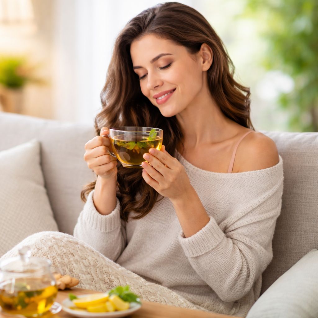 Nicoya PuraTea review woman drinking herbal weight loss tea at home healthy lifestyle metabolism support natural fat burning